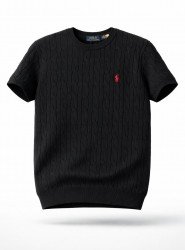 9139-PL Siyah Saç Örgü Detaylı Kısa kol Triko