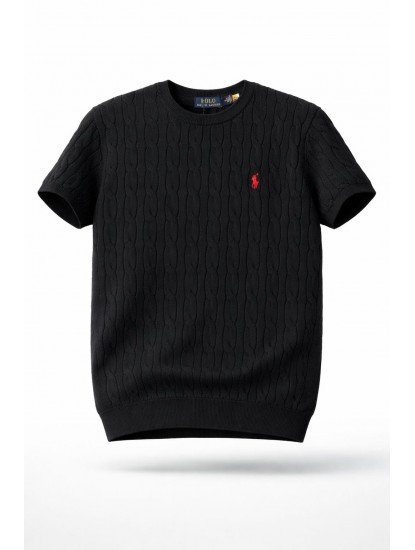 9139-PL Siyah Saç Örgü Detaylı Kısa kol Triko