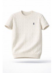 9140-PL Ekru Saç Örgü Detaylı Kısa kol Triko
