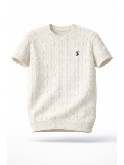 9140-PL Ekru Saç Örgü Detaylı Kısa kol Triko