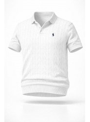 9142-PL Ekru Saç Örgü Detaylı Kısa kol Polo Yaka Triko