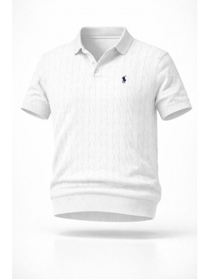 9142-PL Ekru Saç Örgü Detaylı Kısa kol Polo Yaka Triko