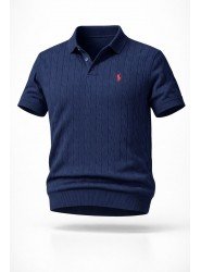 9143-PL Lacivert Saç Örgü Detaylı Kısa kol Polo Yaka Triko