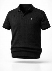 9144-PL Siyah Saç Örgü Detaylı Kısa kol Polo Yaka Triko