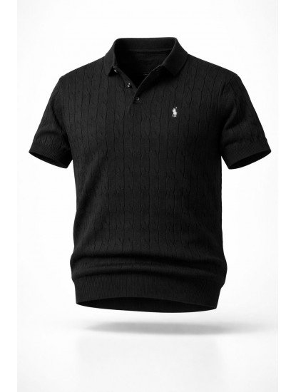 9144-PL Siyah Saç Örgü Detaylı Kısa kol Polo Yaka Triko