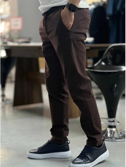 9159-NTWK Kahve Gabardin Likralı Yüksek Bel Pantolon