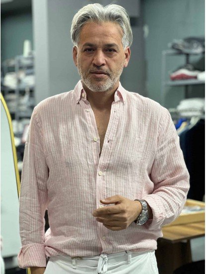 9162-JC Pembe Beyaz Çizgili Comfort Fit Keten Gömlek