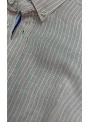 9162-JC Pembe Beyaz Çizgili Comfort Fit Keten Gömlek