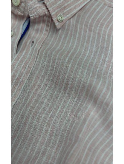9162-JC Pembe Beyaz Çizgili Comfort Fit Keten Gömlek