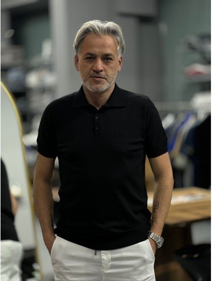 9164-NTWK Siyah Rayon Kumaş Polo Yaka Kısa Kollu Triko