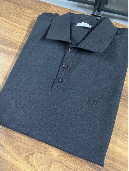 9164-NTWK Siyah Rayon Kumaş Polo Yaka Kısa Kollu Triko