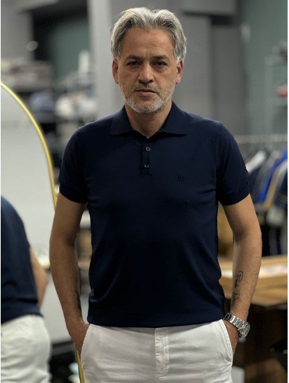 9165-NTWK Lacivert Rayon Kumaş Polo Yaka Kısa Kollu Triko