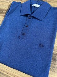 9165-NTWK Lacivert Rayon Kumaş Polo Yaka Kısa Kollu Triko