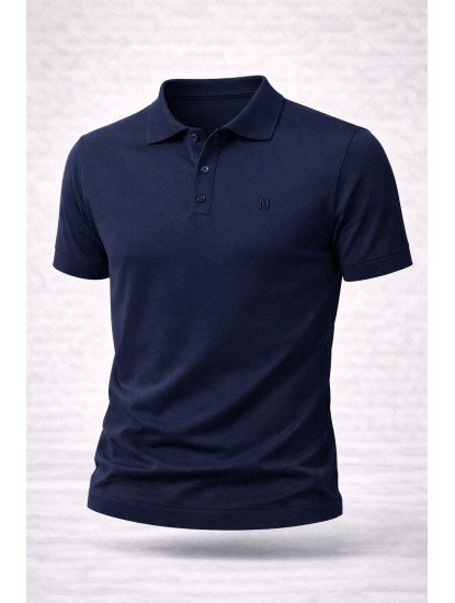 9165-NTWK Lacivert Rayon Kumaş Polo Yaka Kısa Kollu Triko