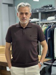 9166-NTWK Kahve Rayon Kumaş Polo Yaka Kısa Kollu Triko