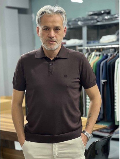 9166-NTWK Kahve Rayon Kumaş Polo Yaka Kısa Kollu Triko
