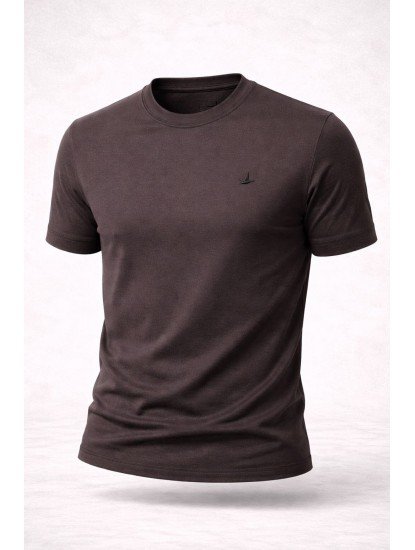 9168-BYMN Kahve Rayon Kumaş Bisiklet Yaka Kısa Kollu Triko