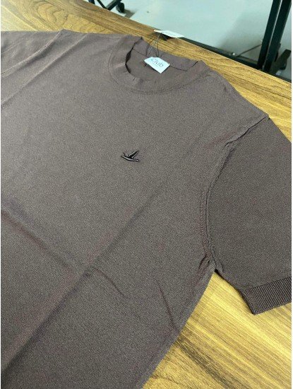 9168-BYMN Kahve Rayon Kumaş Bisiklet Yaka Kısa Kollu Triko