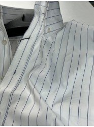 9171-Briva Beyaz Mavi Çizgili Dik Yaka Düğmeli Pamuk Saten Slim Fit Gömlek