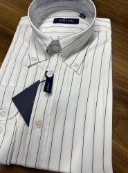 9171-Briva Beyaz Lacivert Çizgili Dik Yaka Düğmeli Pamuk Saten Slim Fit Gömlek