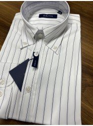 9171-Briva Beyaz Lacivert Çizgili Dik Yaka Düğmeli Pamuk Saten Slim Fit Gömlek