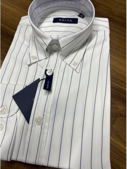 9171-Briva Beyaz Lacivert Çizgili Dik Yaka Düğmeli Pamuk Saten Slim Fit Gömlek