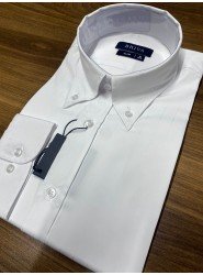 9172-Briva Beyaz Kendinden Çizgili Dik Yaka Düğmeli Pamuk Saten Slim Fit Gömlek