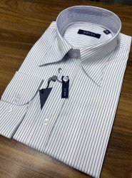 9173-Briva Beyaz Mavi Çizgili Dik Yaka Gizli Düğme Pamuk Saten Slim Fit Gömlek