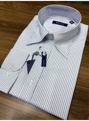 9173-Briva Beyaz Mavi Çizgili Dik Yaka Gizli Düğme Pamuk Saten Slim Fit Gömlek