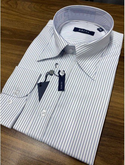 9173-Briva Beyaz Mavi Çizgili Dik Yaka Gizli Düğme Pamuk Saten Slim Fit Gömlek