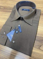 9175-Briva Kahve Filafil Kumaş Dik Yaka  Regular Gömlek