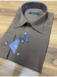 9175-Briva Kahve Filafil Kumaş Dik Yaka  Regular Gömlek