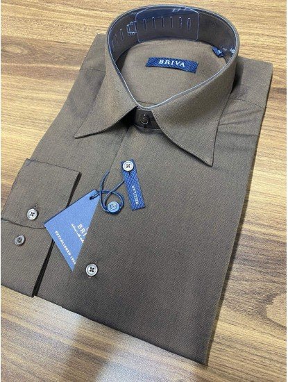 9175-Briva Kahve Filafil Kumaş Dik Yaka  Regular Gömlek