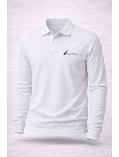 9178-NAUTİCA Beyaz Pike Kumaş Polo Yaka Uzun Kollu Sweath