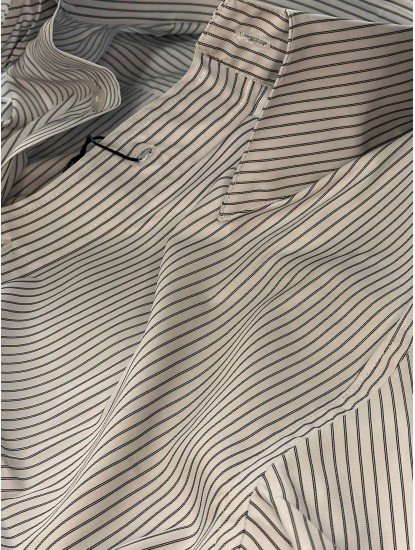 9181-Briva Beyaz Gri Çizgili Gizli Dik Yaka Slim Fit Gömlek