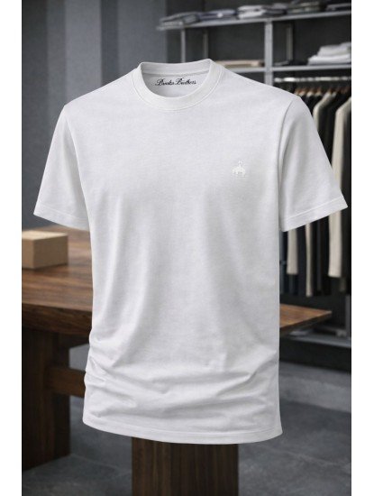 9189-Brook Brothers Beyaz Pamuklu Kumaş Basic Tshirt