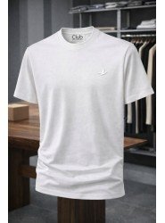 9193-Bymn Beyaz Tona Ton Nakış Logo Basic Tshirt