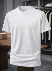 9193-Bymn Beyaz Tona Ton Nakış Logo Basic Tshirt