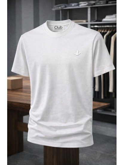 9193-Bymn Beyaz Tona Ton Nakış Logo Basic Tshirt