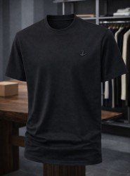 9195-Bymn Siyah Tona Ton Nakış Logo Basic Tshirt