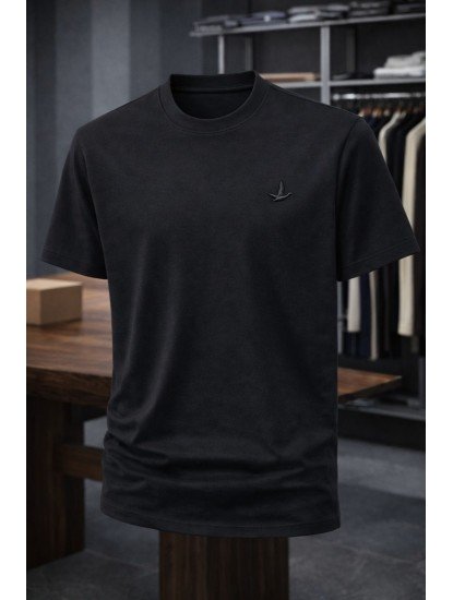 9195-Bymn Siyah Tona Ton Nakış Logo Basic Tshirt