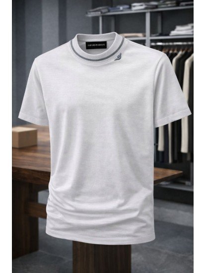 9197-ARMN Beyaz Yaka Logo Detaylı Basic Tshirt