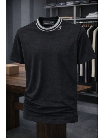 9198-ARMN Siyah Yaka Logo Detaylı Basic Tsihrt