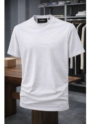 9201-NTWRK Beyaz Kendinden Desenli Kumaş Basic Tshirt