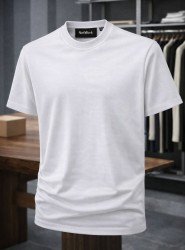 9201-NTWRK Beyaz Kendinden Desenli Kumaş Basic Tshirt