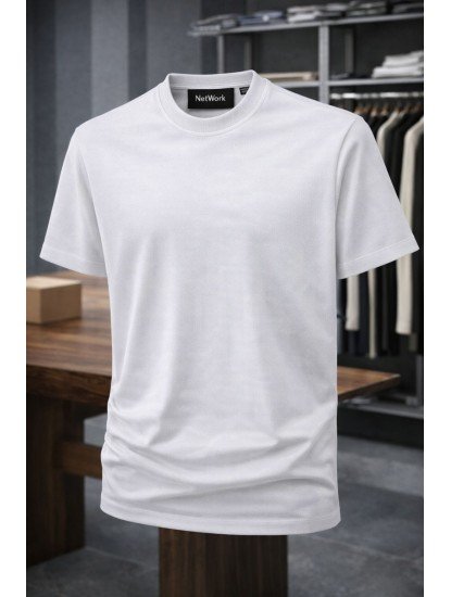 9201-NTWRK Beyaz Kendinden Desenli Kumaş Basic Tshirt