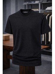9202-NTWRK Siyah Kendinden Desenli Kumaş Basic Tshirt
