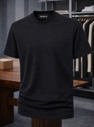 9202-NTWRK Siyah Kendinden Desenli Kumaş Basic Tshirt