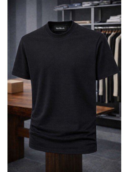 9202-NTWRK Siyah Kendinden Desenli Kumaş Basic Tshirt