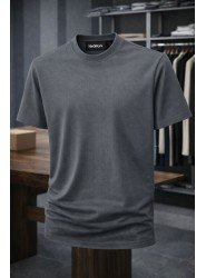 9203-NTWRK Antrasit Kendinden Desenli Kumaş Basic Tshirt